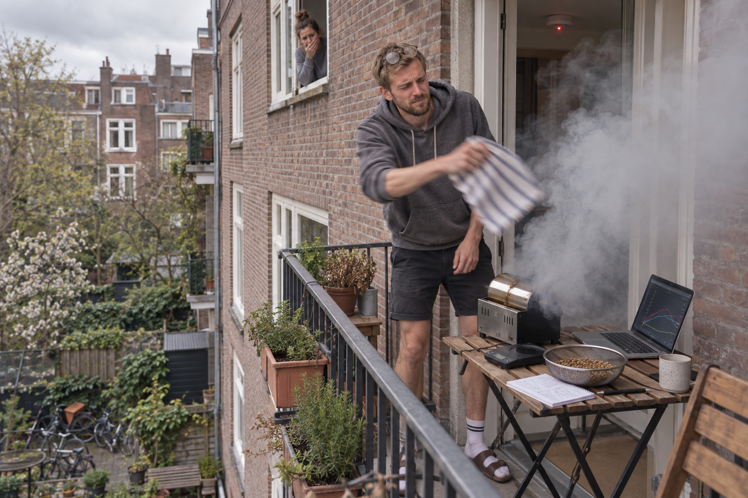 Maksim on a small Amsterdam balcony in 2021, waving a tea towel at a cloud of smoke rising from a tiny coffee roaster on a folding table