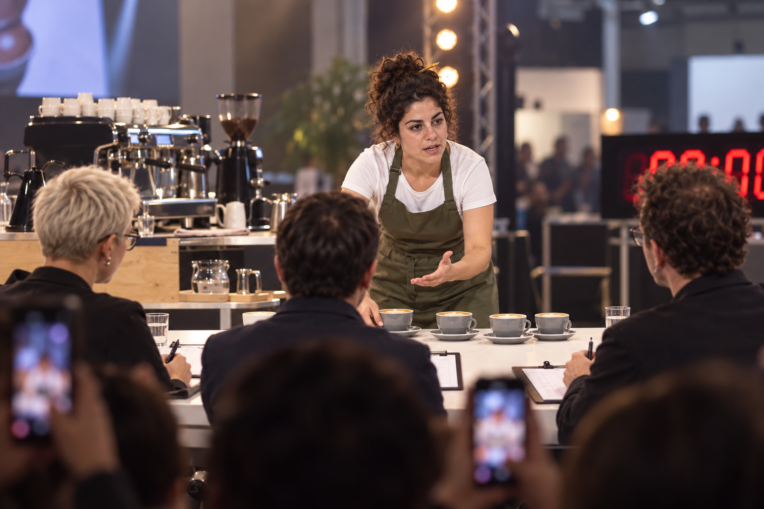 Inés on stage at the 2023 Dutch Barista Championship, setting four cappuccinos in front of the judges under bright stage lights