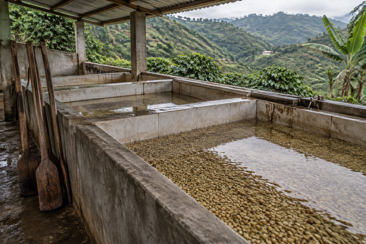 Washed coffee drying on raised beds beside the wet mill at Finca La Esperanza